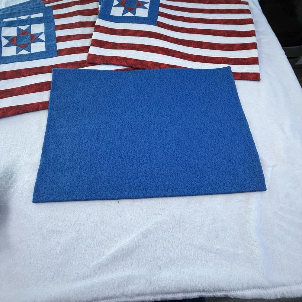 Patriotic American Flag Quilted Placemats Set 8 Napkin Rings Red White Blue